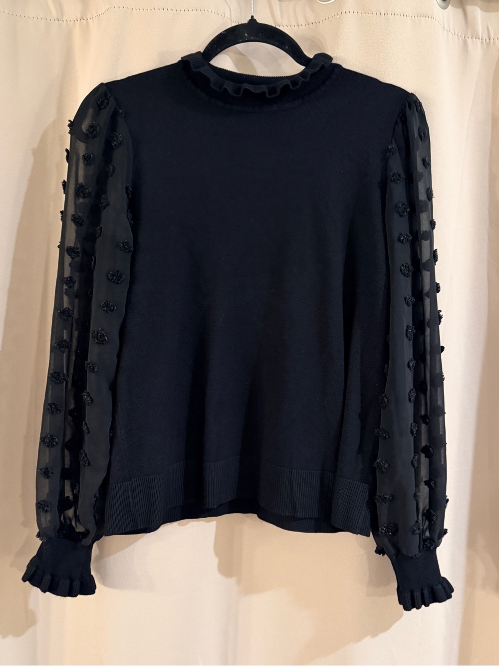 Adrianna Papell Black Ruffle Neck Puff-Sleeve Sweater Top